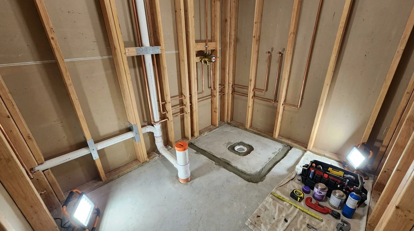 Bathroom rough-in plumbing during remodel by Johns Plumbing LLC in Milbank