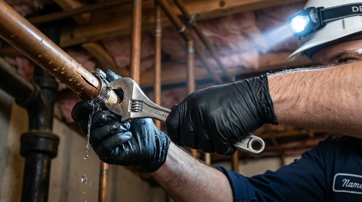Emergency pipe clamp repair being performed by a Johns Plumbing LLC plumber in Milbank