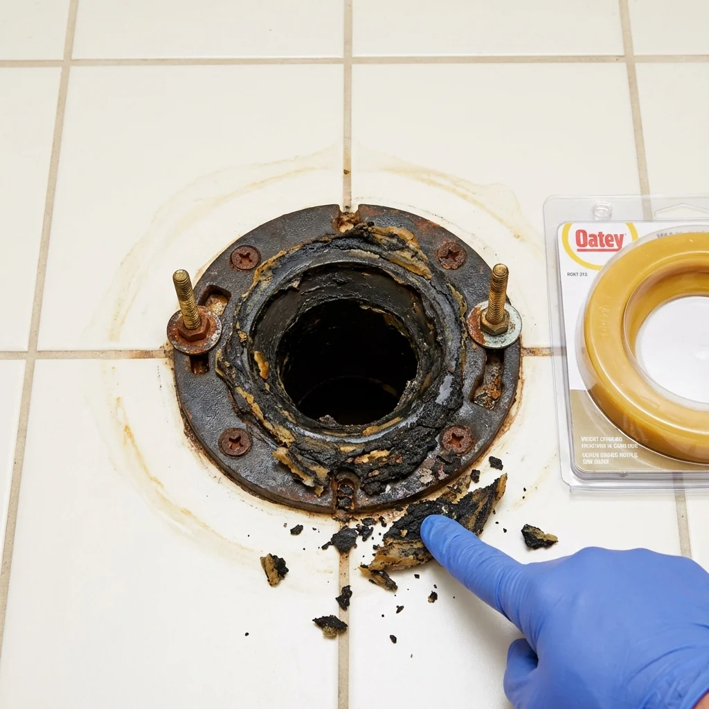 Failed wax ring showing water seepage at the base of a toilet in a Milbank, SD home