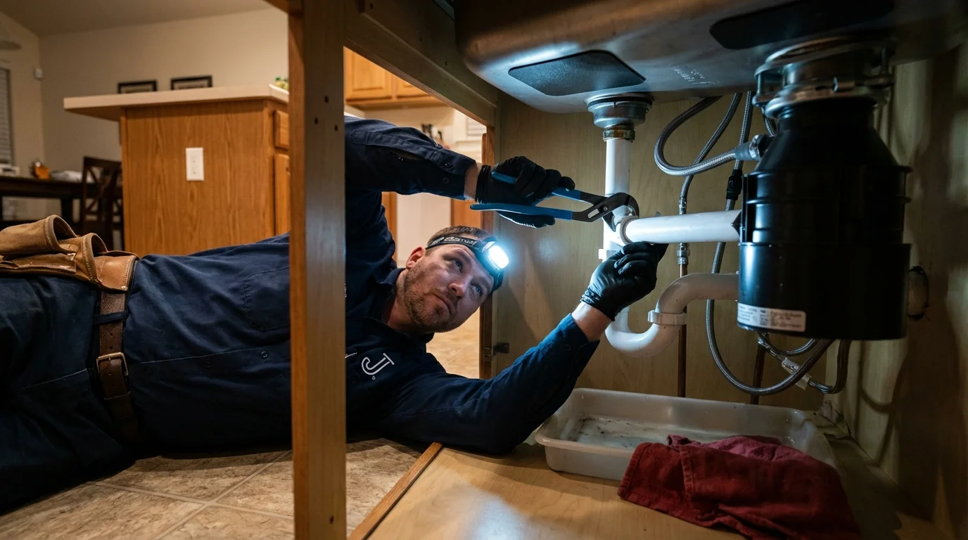 P-trap and supply line connections under a kitchen sink showing a common leak point in Milbank, SD